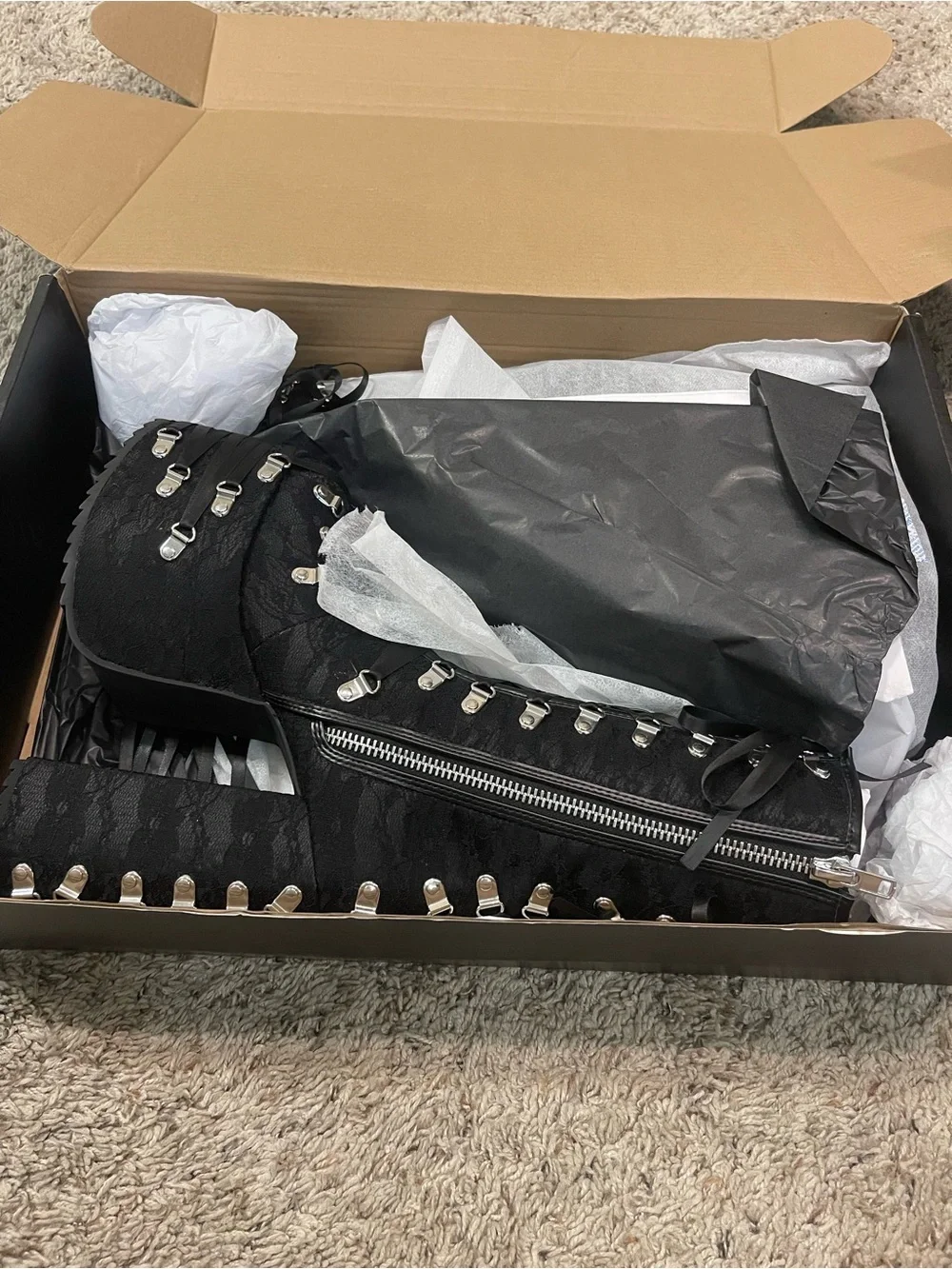 Women’s Black Lace-Up Platform Ankle Boots with Silver Hardware